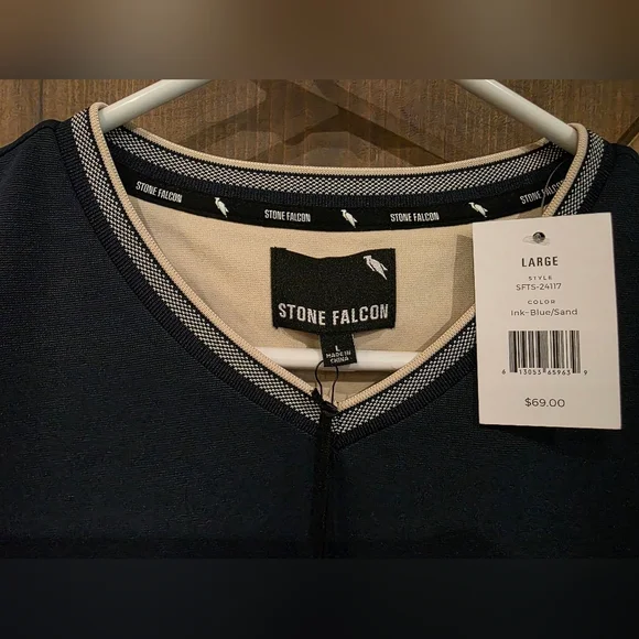 STONE FALCON Ink Blue/Sand V-neck Tee- Size LARGE - Picture 2 of 5